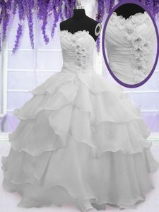 Silver Ball Gowns Beading and Ruffled Layers Court Dresses for Sweet 16 Lace Up Organza Sleeveless Floor Length