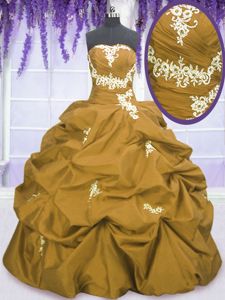 Brown Ball Gowns Appliques and Pick Ups 15th Birthday Dress Lace Up Taffeta Sleeveless Floor Length