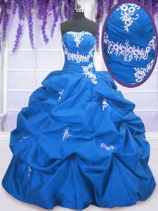 Floor Length Blue Sweet 16 Dresses Taffeta Sleeveless Appliques and Pick Ups