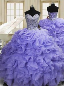 On Sale Organza Sweetheart Sleeveless Sweep Train Lace Up Beading and Ruffles Ball Gown Prom Dress in Lavender