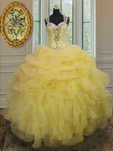 Amazing Straps Straps Light Yellow Sleeveless Beading and Ruffles Floor Length Vestidos de Quinceanera