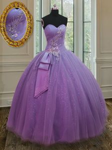 Luxurious Sleeveless Floor Length Beading and Ruching and Bowknot Lace Up 15th Birthday Dress with Lilac