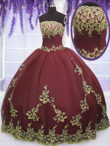 Floor Length Burgundy Vestidos de Quinceanera Tulle Sleeveless Appliques