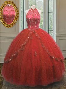 Fitting Halter Top Wine Red Tulle Lace Up 15 Quinceanera Dress Sleeveless Floor Length Beading and Appliques