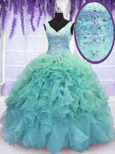 Cute Floor Length Blue 15th Birthday Dress Organza Sleeveless Beading and Embroidery and Ruffles