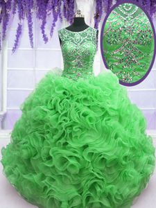 Popular Green Ball Gowns Organza Scoop Sleeveless Beading and Ruffles Floor Length Lace Up Quinceanera Dresses