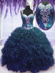 Free and Easy Straps Straps Navy Blue Sleeveless Beading and Ruffles Floor Length Sweet 16 Dress