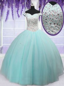 Attractive Off the Shoulder Short Sleeves Floor Length Beading Lace Up Ball Gown Prom Dress with Light Blue