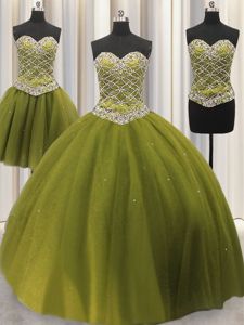 Custom Design Three Piece Olive Green Ball Gowns Sweetheart Sleeveless Tulle Floor Length Lace Up Beading and Sequins Quinceanera Dresses