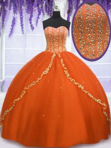 Eye-catching Orange Red Ball Gowns Beading Quinceanera Gown Lace Up Tulle Sleeveless Floor Length