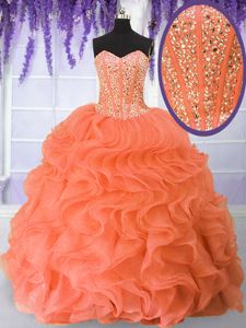 Modern Orange Red Organza Lace Up Sweetheart Sleeveless Floor Length Quinceanera Gowns Beading and Ruffles