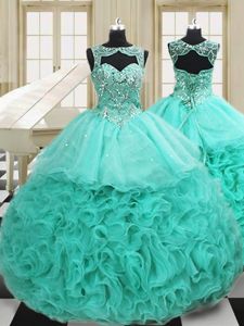 Scoop Sleeveless Organza Court Train Lace Up Quinceanera Gowns in Apple Green for with Beading and Ruffles