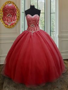 Red Ball Gowns Beading Vestidos de Quinceanera Lace Up Organza Sleeveless Floor Length