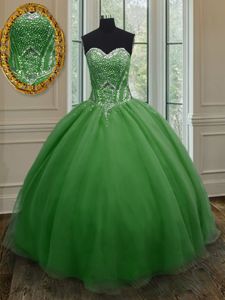 Pretty Dark Green Ball Gowns Organza Sweetheart Sleeveless Beading and Ruching Floor Length Lace Up Sweet 16 Dress