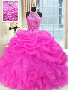 Floor Length Lace Up Sweet 16 Dress Hot Pink and In for Military Ball and Sweet 16 and Quinceanera with Beading and Pick Ups