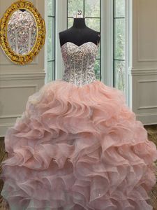 Peach Ball Gowns Beading and Ruffles Sweet 16 Quinceanera Dress Lace Up Organza Sleeveless Floor Length