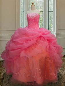 Sweet Organza Strapless Sleeveless Lace Up Embroidery and Pick Ups 15th Birthday Dress in Pink