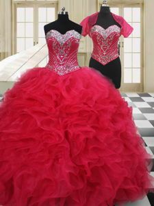 Unique Red Sleeveless Organza Lace Up Sweet 16 Quinceanera Dress for Military Ball and Sweet 16 and Quinceanera