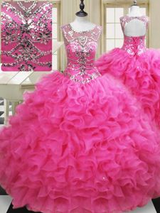 Scoop Sleeveless Floor Length Beading and Ruffles Lace Up Vestidos de Quinceanera with Hot Pink