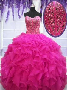 Captivating Organza Sweetheart Sleeveless Lace Up Beading and Ruffles Vestidos de Quinceanera in Fuchsia