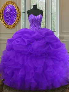 Purple Ball Gowns Beading and Ruffles and Pick Ups Sweet 16 Dress Lace Up Organza Sleeveless Floor Length