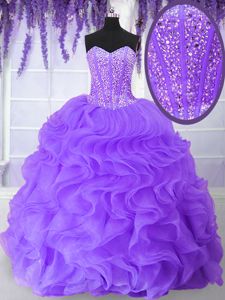 Clearance Sleeveless Floor Length Beading and Ruffles Lace Up Sweet 16 Dress with Purple