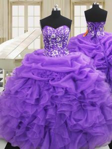 Floor Length Purple Ball Gown Prom Dress Organza Sleeveless Embroidery and Ruffles