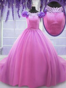 Beauteous Scoop Rose Pink Ball Gowns Hand Made Flower Quince Ball Gowns Lace Up Tulle Short Sleeves Floor Length