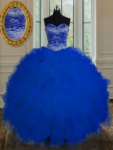 Royal Blue Lace Up Sweet 16 Quinceanera Dress Beading and Ruffles Sleeveless Floor Length