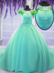 Inexpensive Turquoise Scoop Neckline Hand Made Flower Sweet 16 Quinceanera Dress Short Sleeves Lace Up