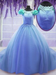 Suitable Blue Scoop Neckline Hand Made Flower Quinceanera Dress Short Sleeves Lace Up