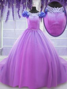 Scoop Lilac Short Sleeves Hand Made Flower Floor Length Quinceanera Gown