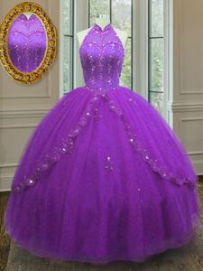 Sexy High-neck Sleeveless Tulle Sweet 16 Dress Beading and Appliques Lace Up