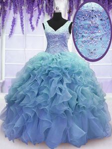 Blue Sweet 16 Dresses Military Ball and Sweet 16 and Quinceanera and For with Beading and Embroidery and Ruffles V-neck Sleeveless Lace Up