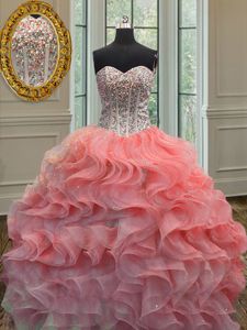 Glorious Hot Pink Quince Ball Gowns Military Ball and Sweet 16 and Quinceanera and For with Beading and Ruffles Sweetheart Sleeveless Lace Up