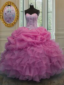 Rose Pink Lace Up Sweet 16 Quinceanera Dress Beading and Ruffles and Pick Ups Sleeveless Floor Length