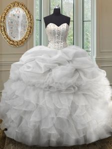 Dramatic Sleeveless Organza Floor Length Lace Up Quinceanera Gowns in White for with Beading and Ruffles