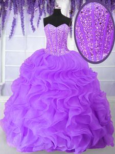 Trendy Organza Sweetheart Sleeveless Lace Up Beading and Ruffles Sweet 16 Dress in Purple