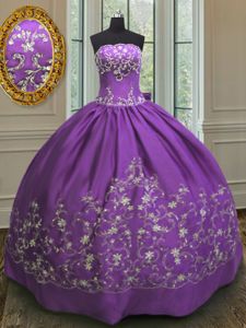 Custom Made Eggplant Purple Satin Lace Up Quinceanera Gowns Sleeveless Floor Length Embroidery