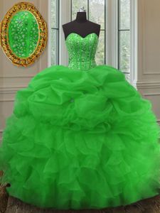 V-neck Sleeveless Quince Ball Gowns Floor Length Beading and Ruffles Organza