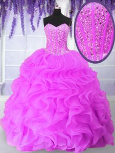 Fancy Floor Length Hot Pink Quinceanera Dama Dress Organza Sleeveless Ruffles and Sequins