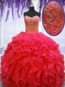 Exceptional Coral Red Sleeveless Organza Lace Up 15 Quinceanera Dress for Military Ball and Sweet 16 and Quinceanera