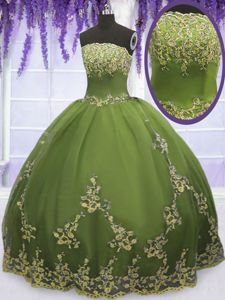 Strapless Sleeveless Zipper Quinceanera Gowns Olive Green Tulle