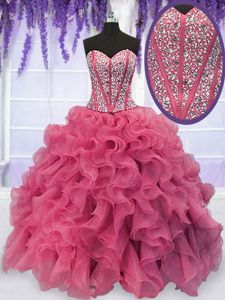 High Class Four Piece Floor Length Hot Pink Sweet 16 Quinceanera Dress Sweetheart Sleeveless Zipper