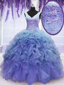 Deluxe V-neck Sleeveless Lace Up Sweet 16 Quinceanera Dress Purple Organza