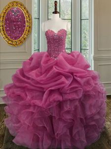 Cheap Lilac Ball Gowns Organza Sweetheart Sleeveless Beading and Ruffles Floor Length Lace Up Quinceanera Gowns