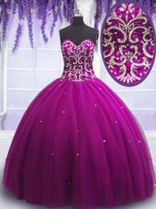 Discount Sleeveless Tulle Floor Length Lace Up Quinceanera Court of Honor Dress in Fuchsia for with Beading