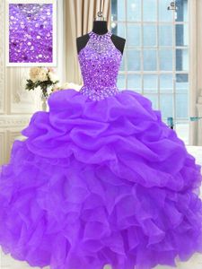 Purple Ball Gowns High-neck Sleeveless Organza Floor Length Lace Up Beading and Pick Ups Sweet 16 Dress