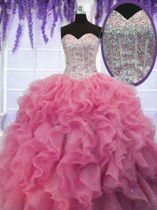 Glittering Rose Pink Ball Gowns Organza Sweetheart Sleeveless Ruffles and Sequins Floor Length Lace Up Quinceanera Dress