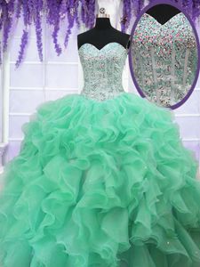 Custom Fit Apple Green Ball Gowns Organza Sweetheart Sleeveless Ruffles and Sequins Floor Length Lace Up 15 Quinceanera Dress